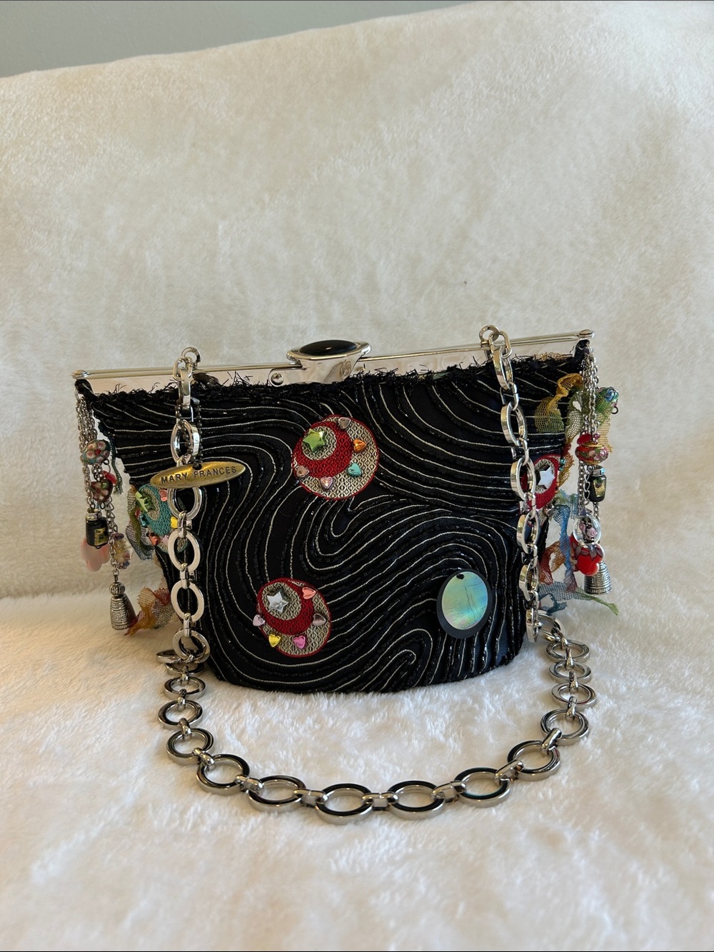 Mary Frances Black Beaded Embellished Chain-Handle Evening Bag